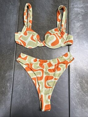 Retro Orange & Light Green Patterned Ribbed Bikini Set